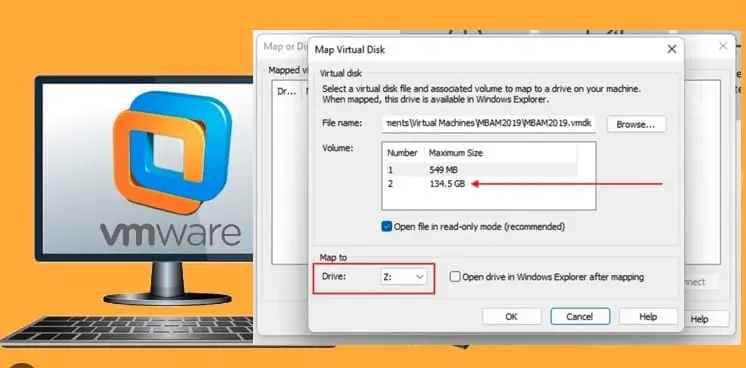 Map and disconnect Virtual Disk in VMware Workstation