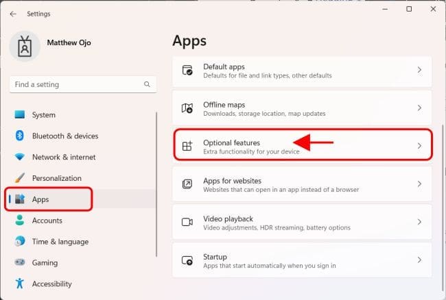 Select Optional features in Settings