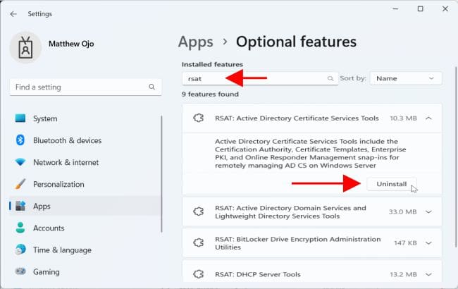 Uninstall RSAT features