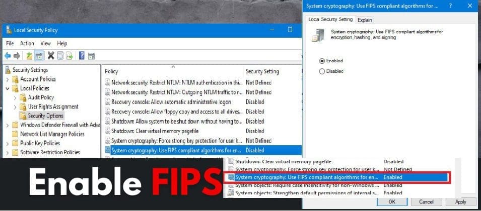 Enale FIPS compliance mode on Windows